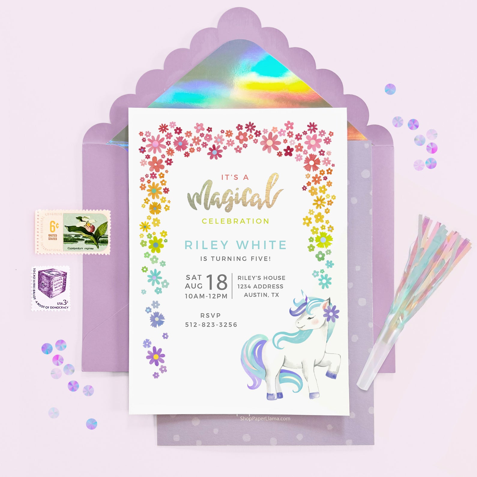 Unicorn Party - Kids Birthday Invitation and Envelope - Pack of 10