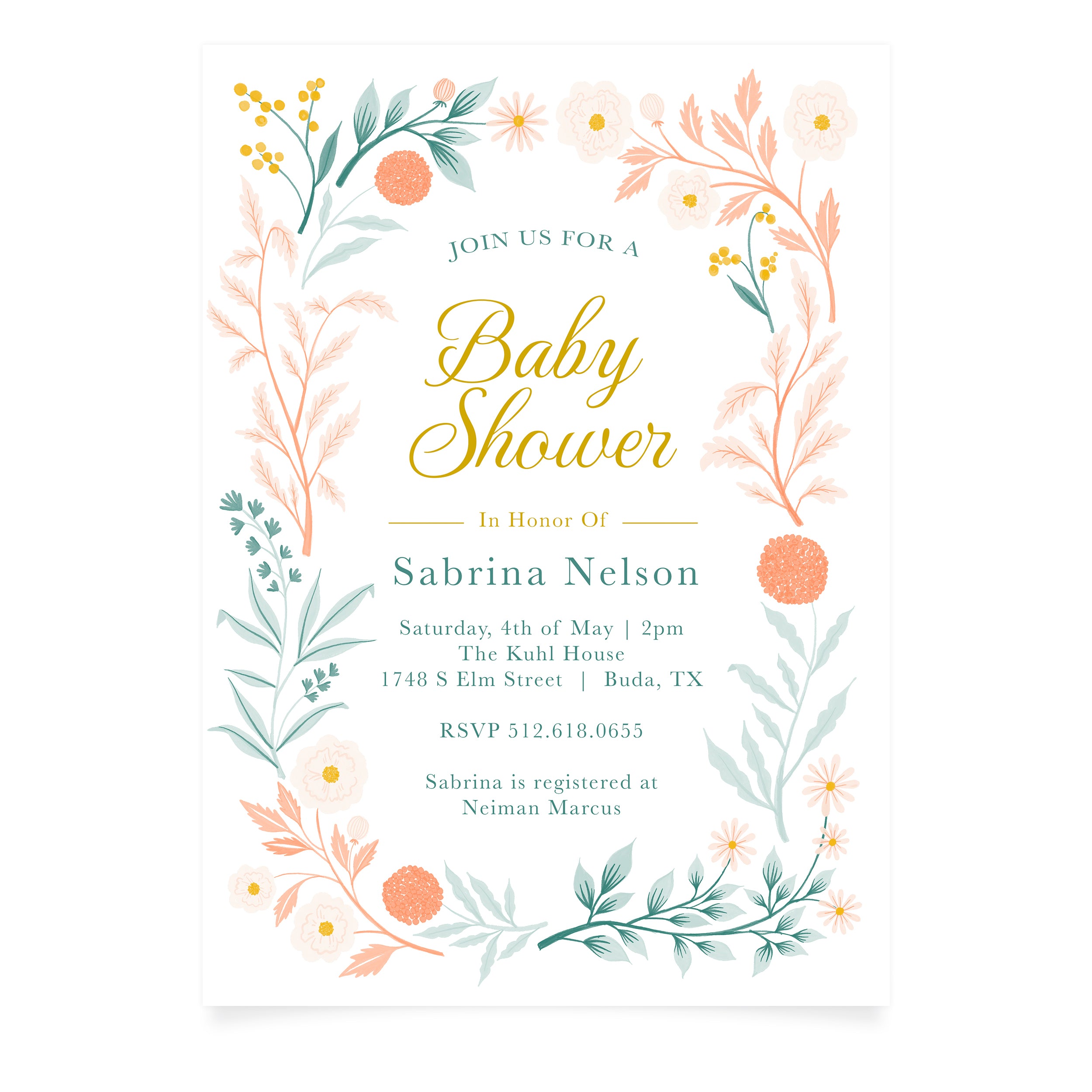 Coral Blooms Baby Shower Invitation + Scalloped Envelope | Pack of 10