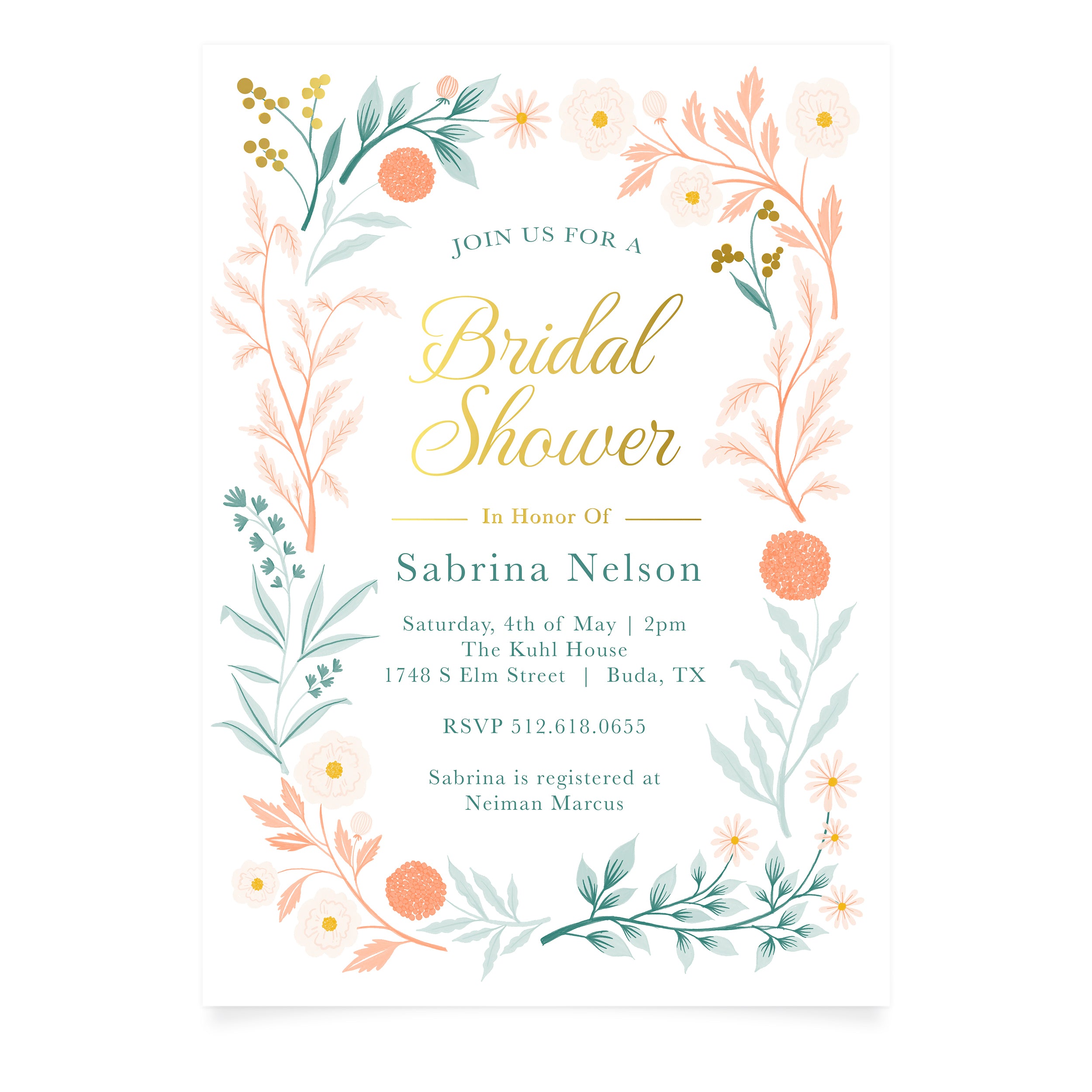 Coral Blooms Bridal Shower Invitation and Scalloped Envelope | Pack of 10