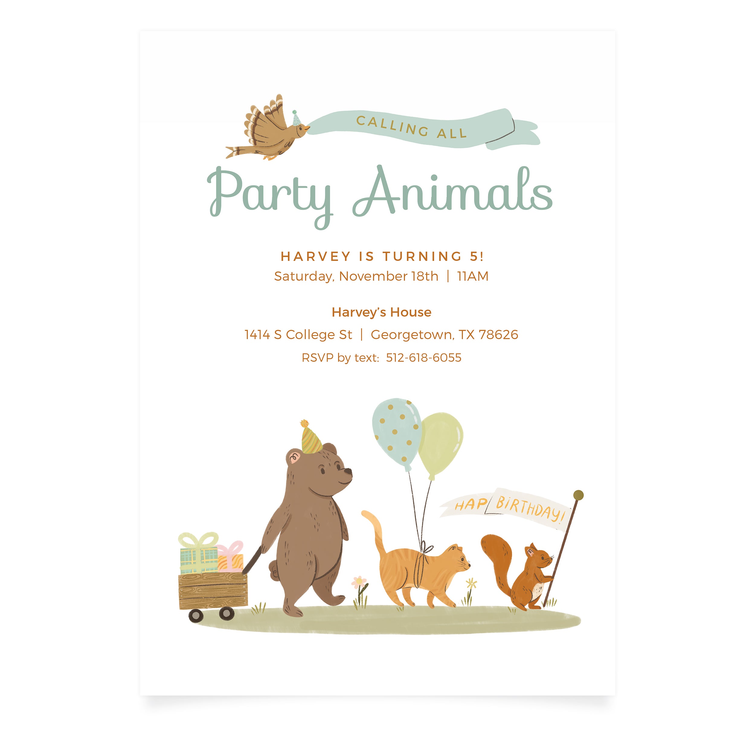 Party Animals - Kids Birthday Invitation and Envelope - Pack of 10