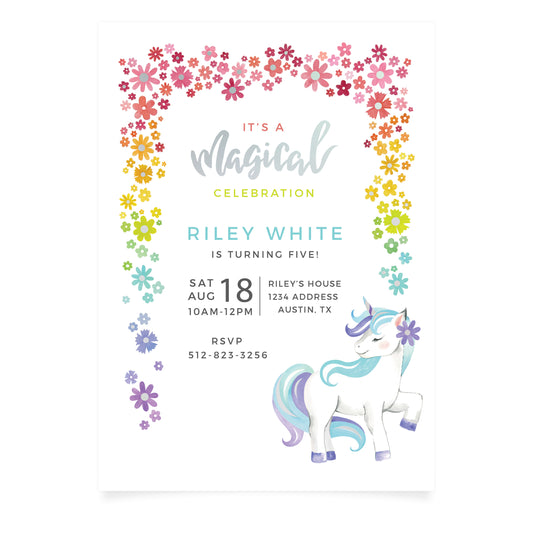 Unicorn Party - Kids Birthday Invitation and Envelope - Pack of 10