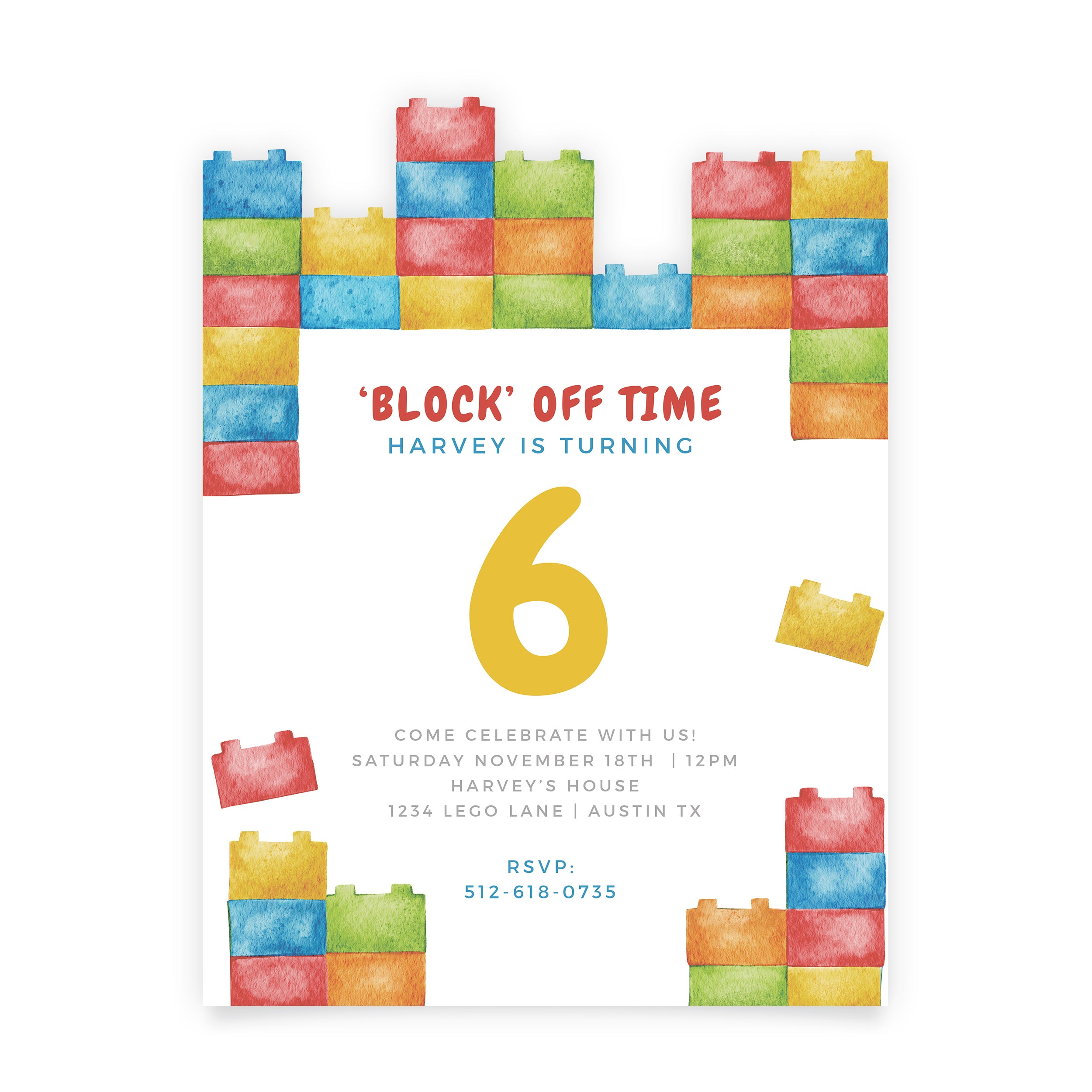 Block Off Time Kids Birthday Invitation + Envelope | Pack of 10