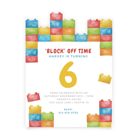 Block Off Time Kids Birthday Invitation + Envelope | Pack of 10