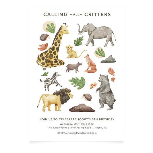 Calling All Critters - Kids Birthday Invitation and Envelope - Pack of 10