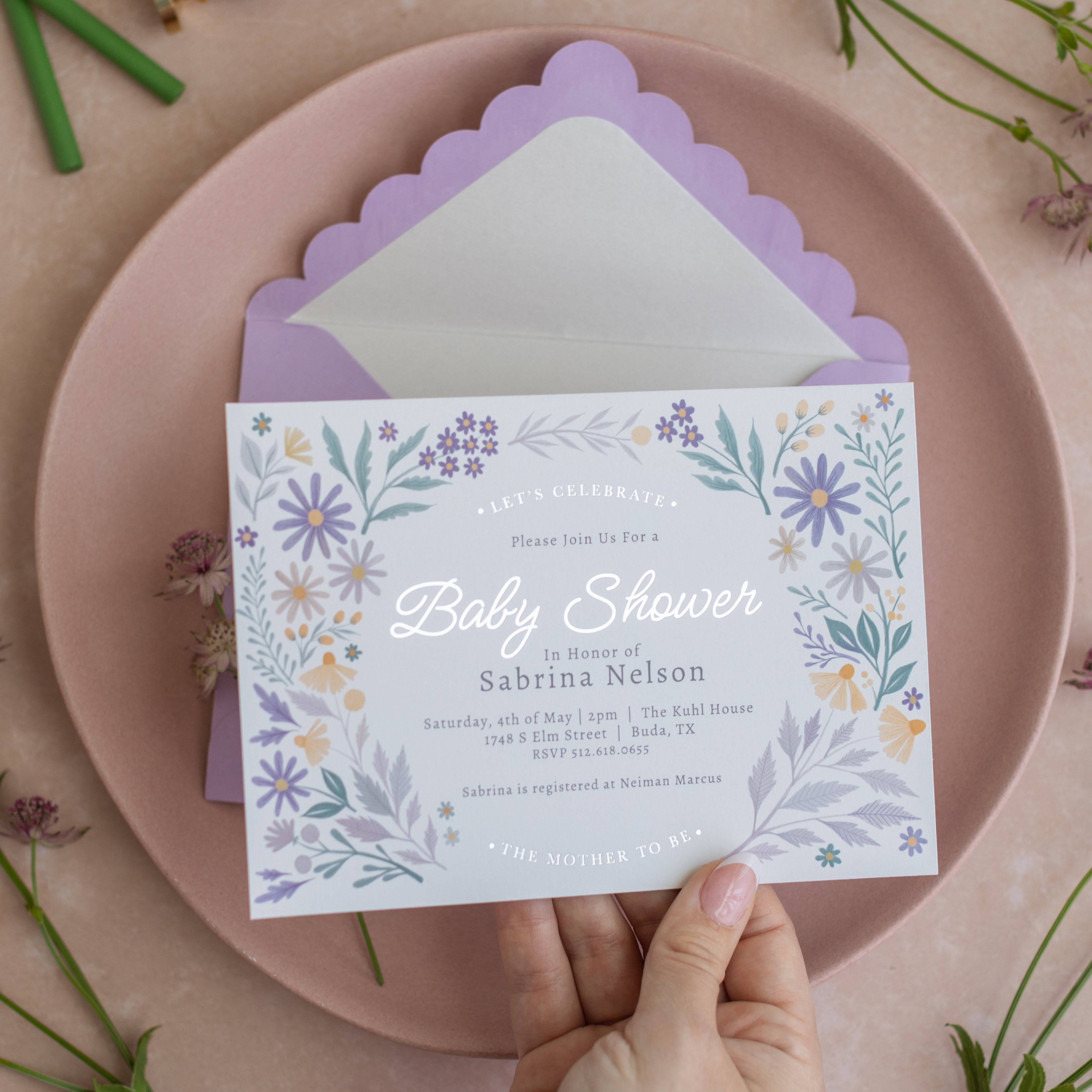 Lavender Meadows - Baby Shower Invitation and Envelope - Pack of 10