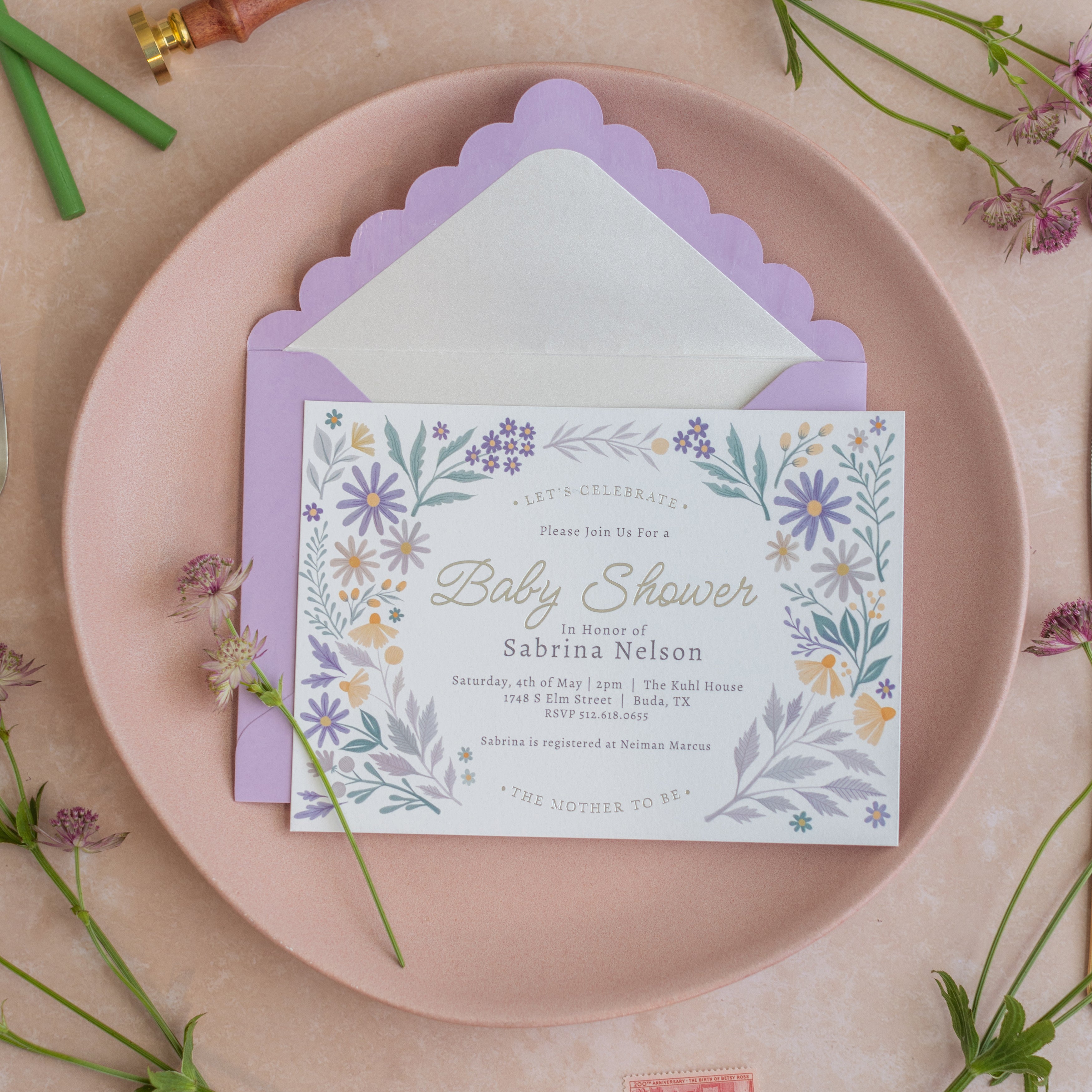 Lavender Meadows - Baby Shower Invitation and Envelope - Pack of 10