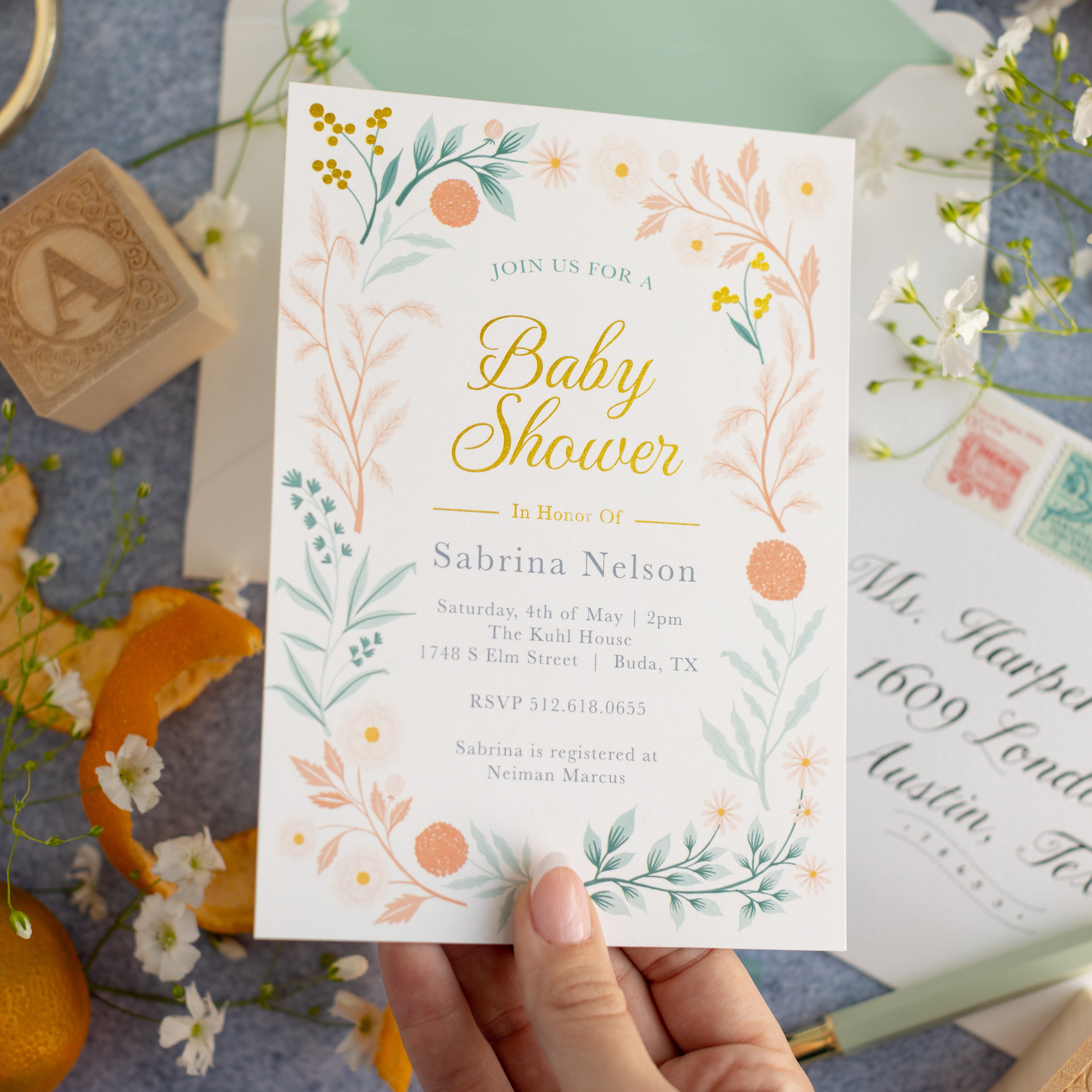 Coral Blooms Baby Shower Invitation + Scalloped Envelope | Pack of 10