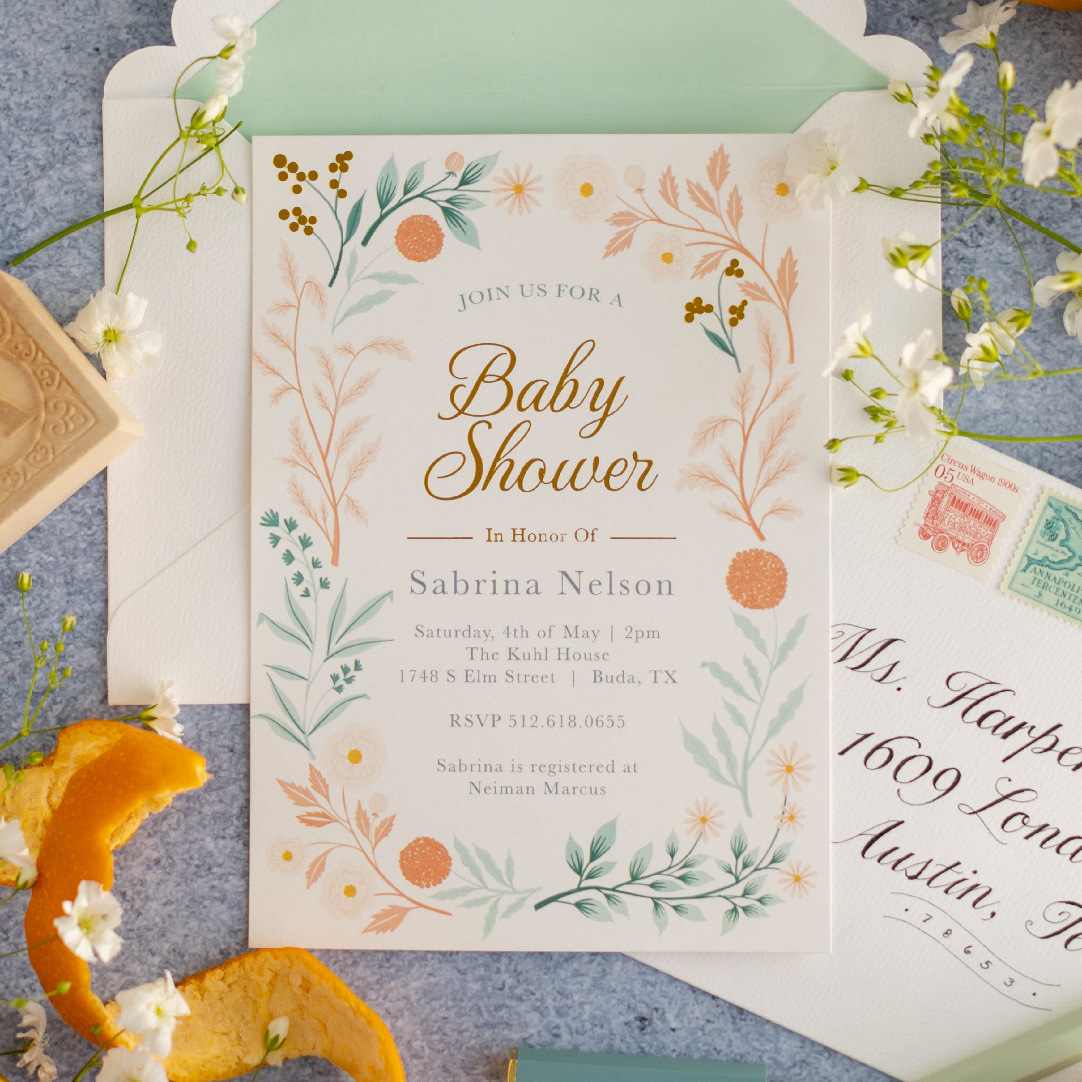 Coral Blooms Baby Shower Invitation + Scalloped Envelope | Pack of 10