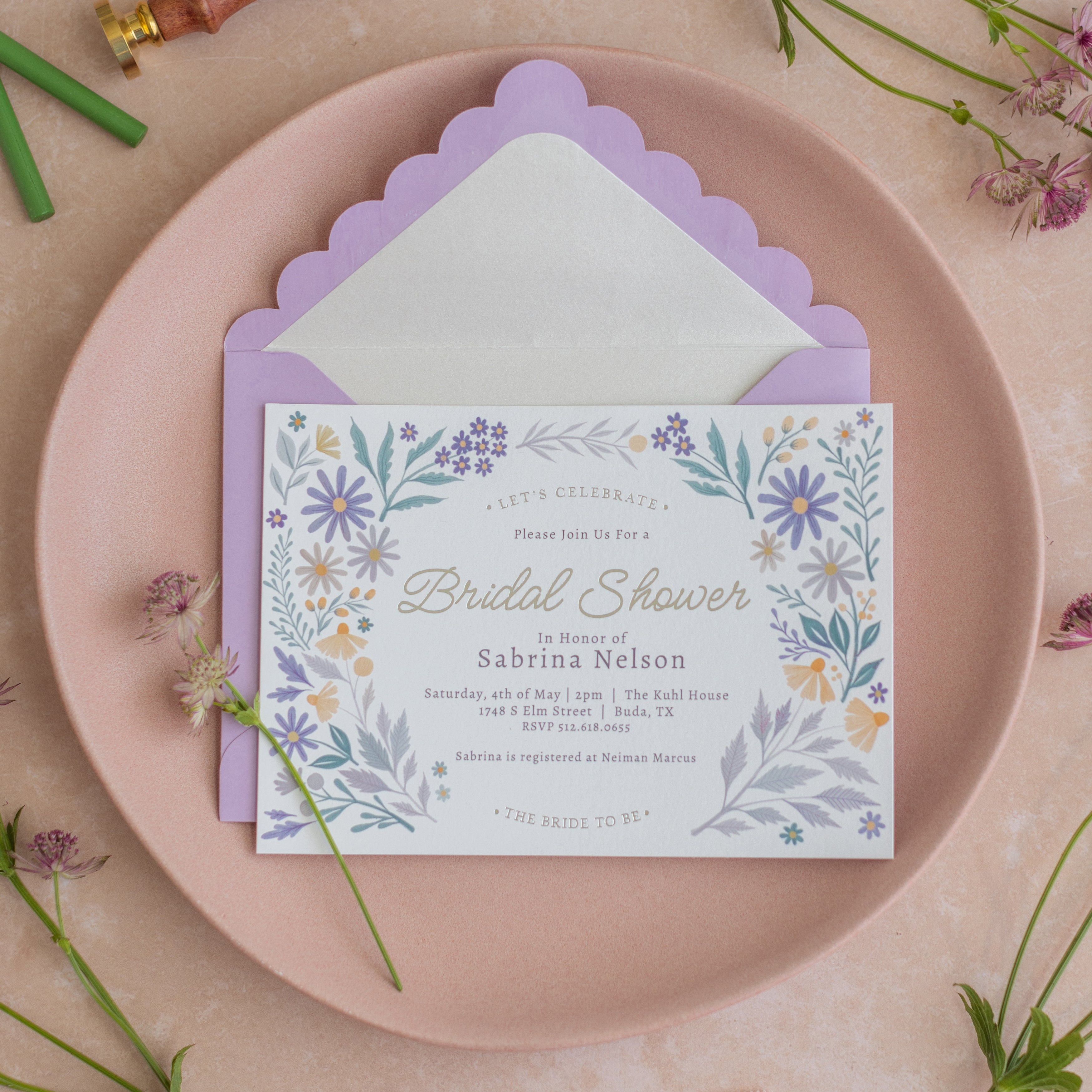 Lavender Meadows- Bridal Shower Invitation and Envelope - Pack of 10