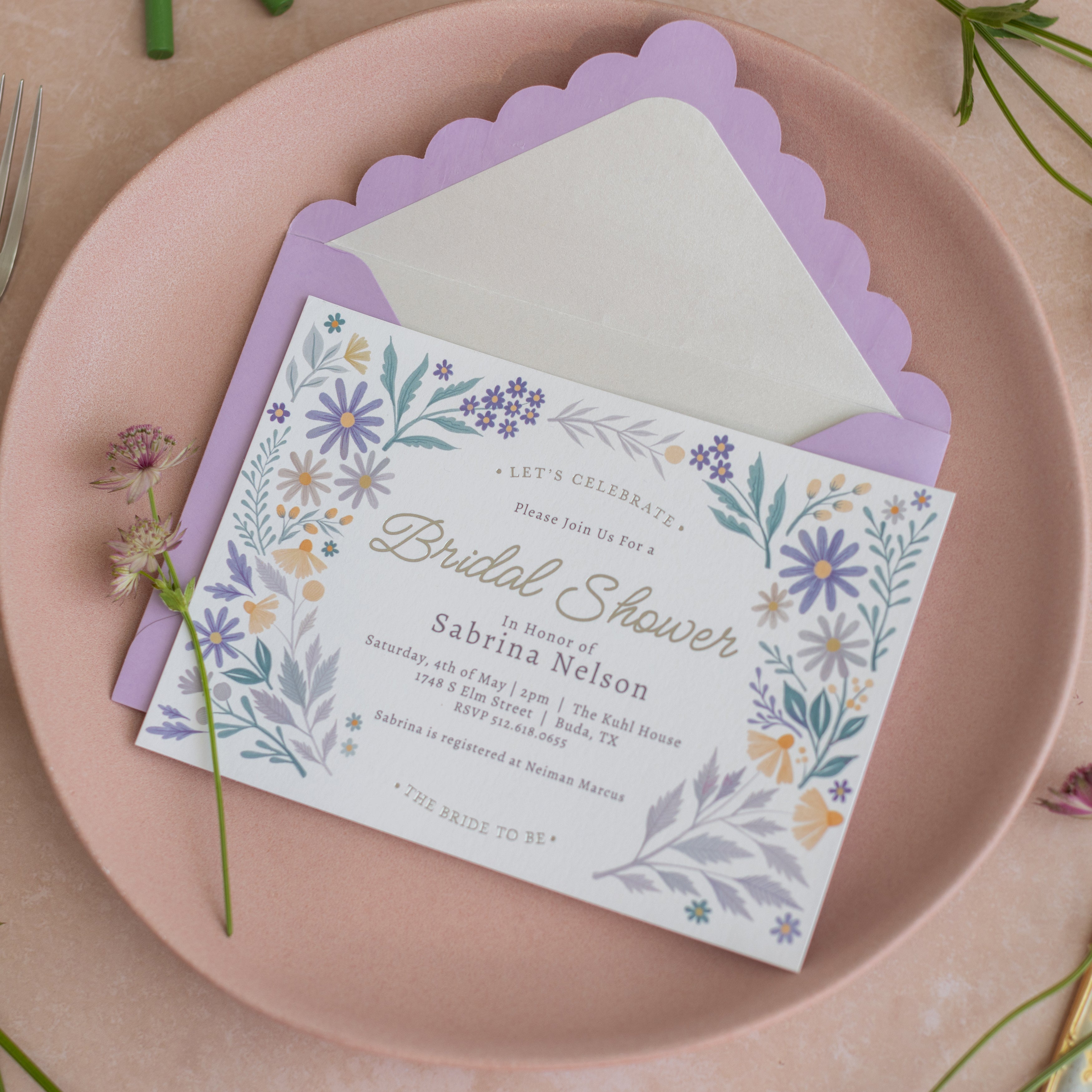 Lavender Meadows- Bridal Shower Invitation and Envelope - Pack of 10