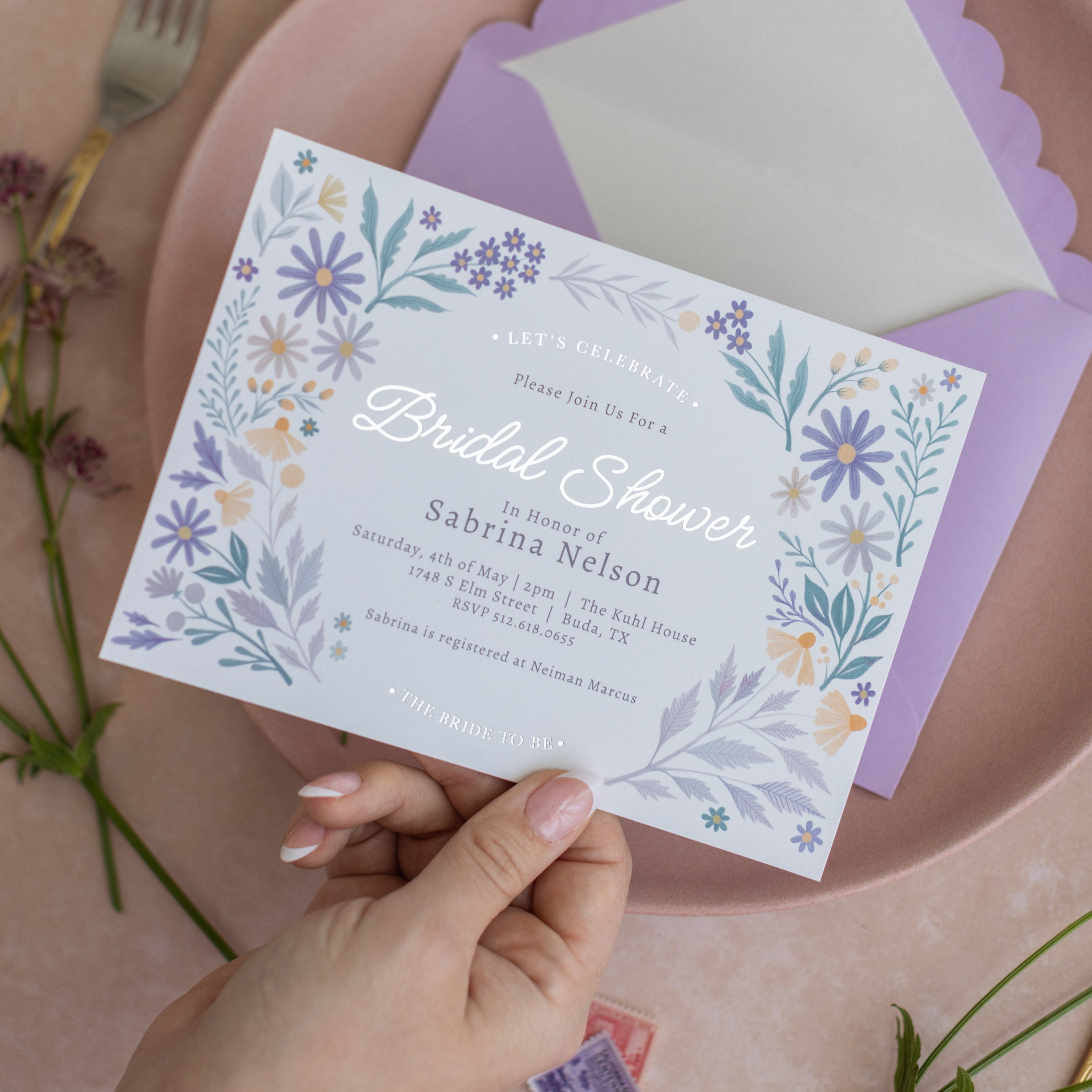 Lavender Meadows- Bridal Shower Invitation and Envelope - Pack of 10