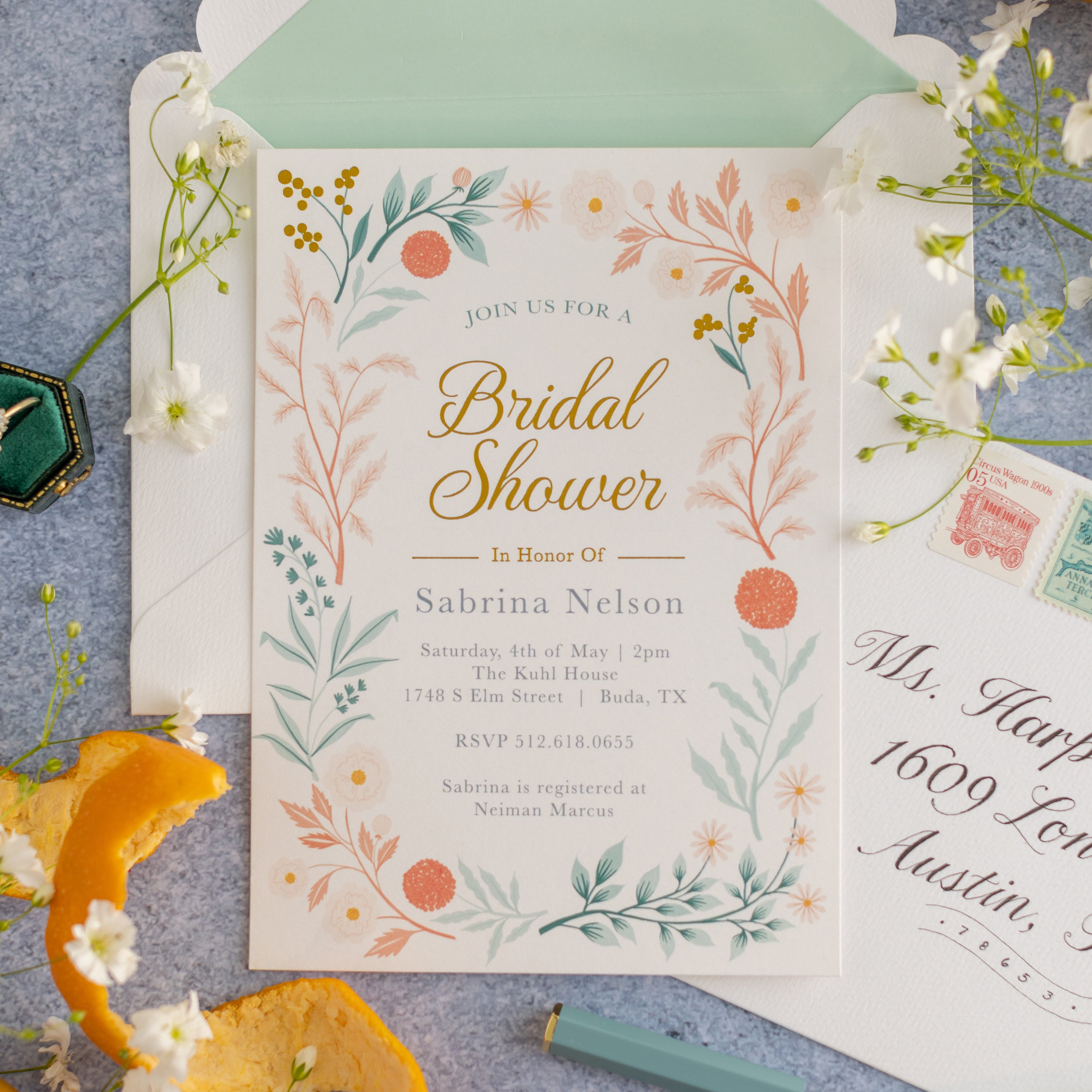 Coral Blooms Bridal Shower Invitation and Scalloped Envelope | Pack of 10