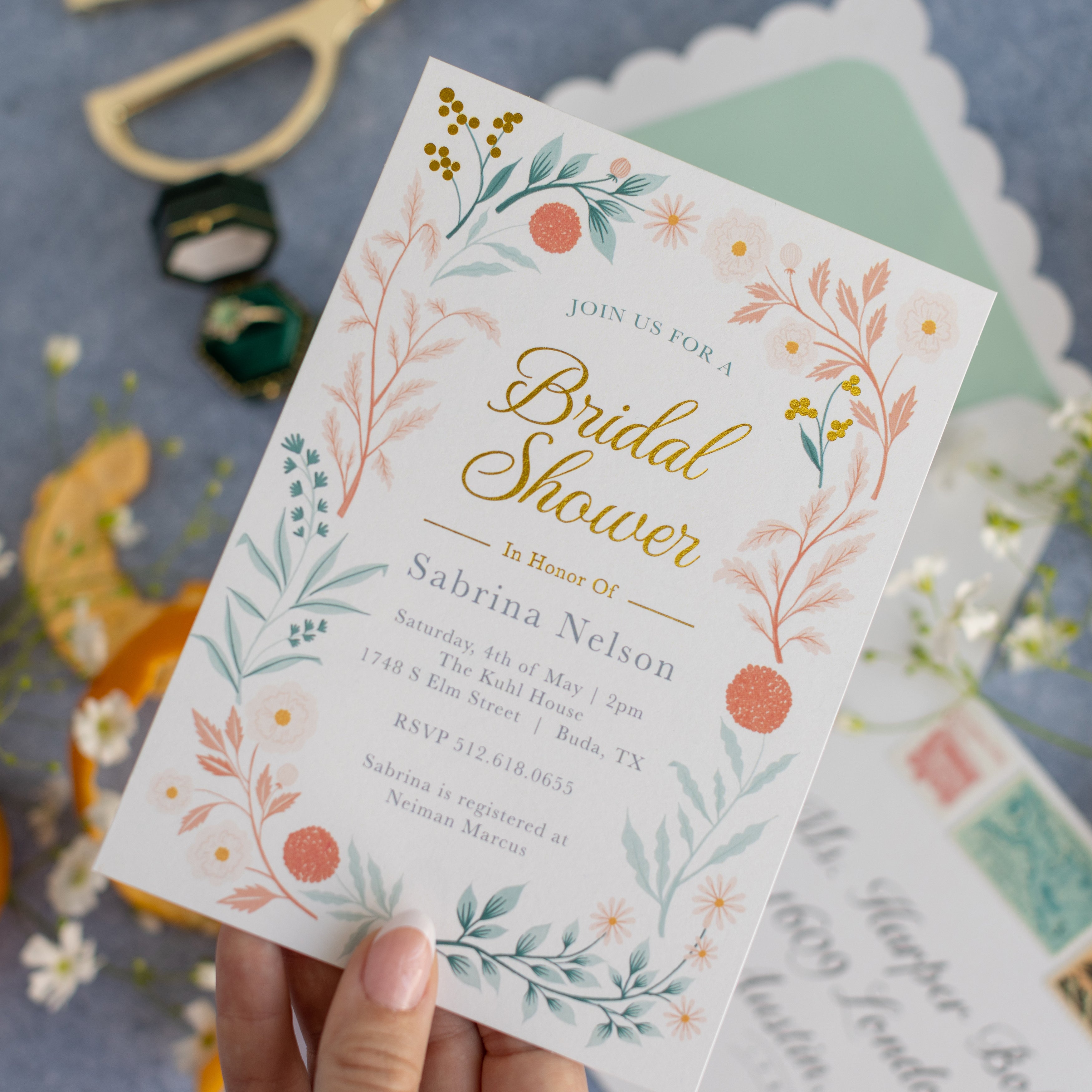 Coral Blooms Bridal Shower Invitation and Scalloped Envelope | Pack of 10