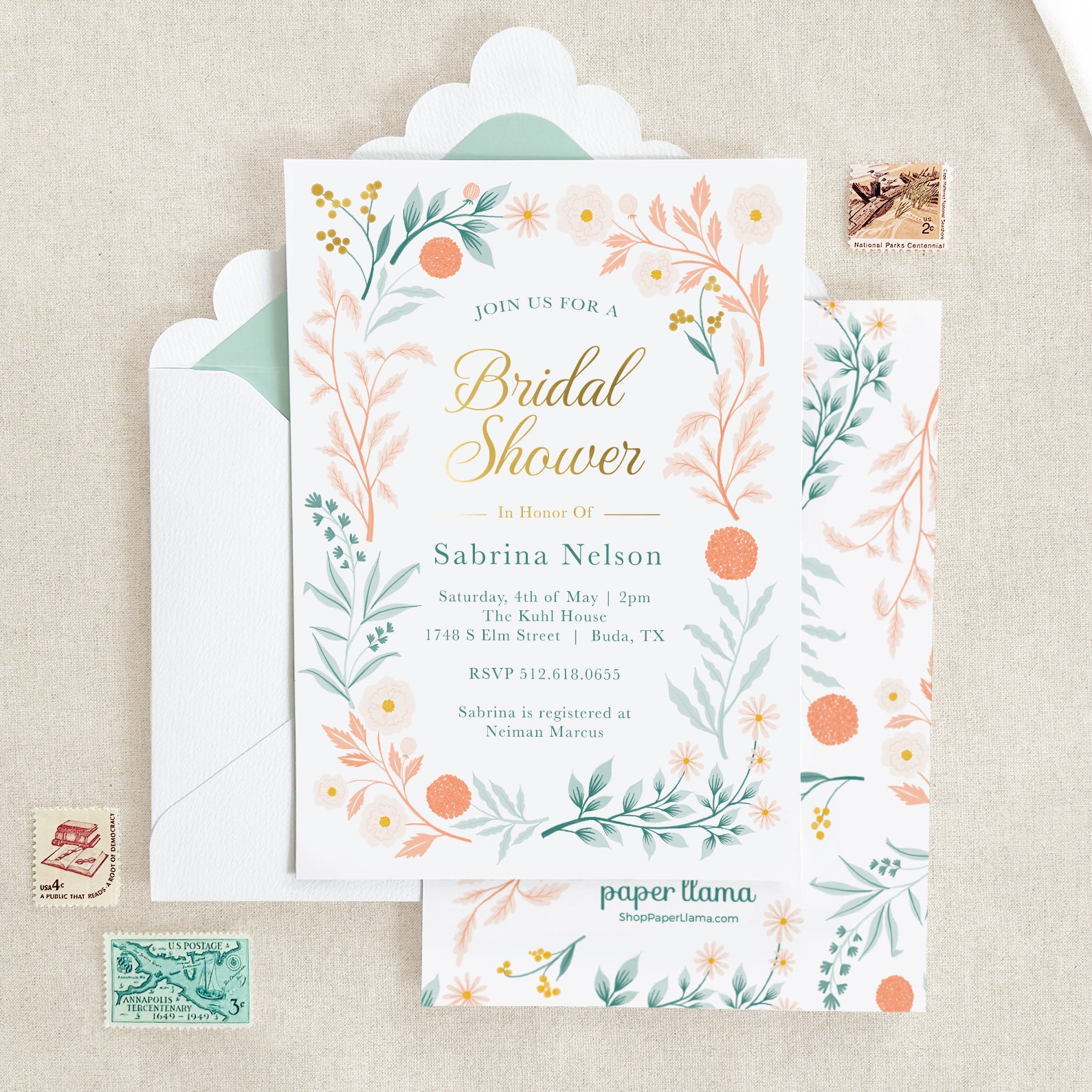 Coral Blooms Bridal Shower Invitation and Scalloped Envelope | Pack of 10