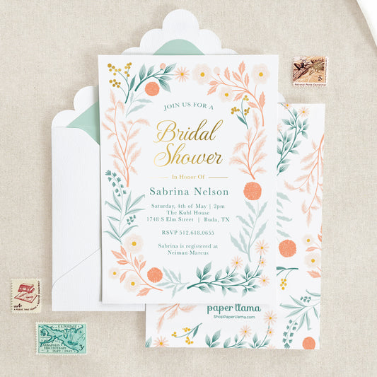 Coral Blooms Bridal Shower Invitation and Scalloped Envelope | Pack of 10