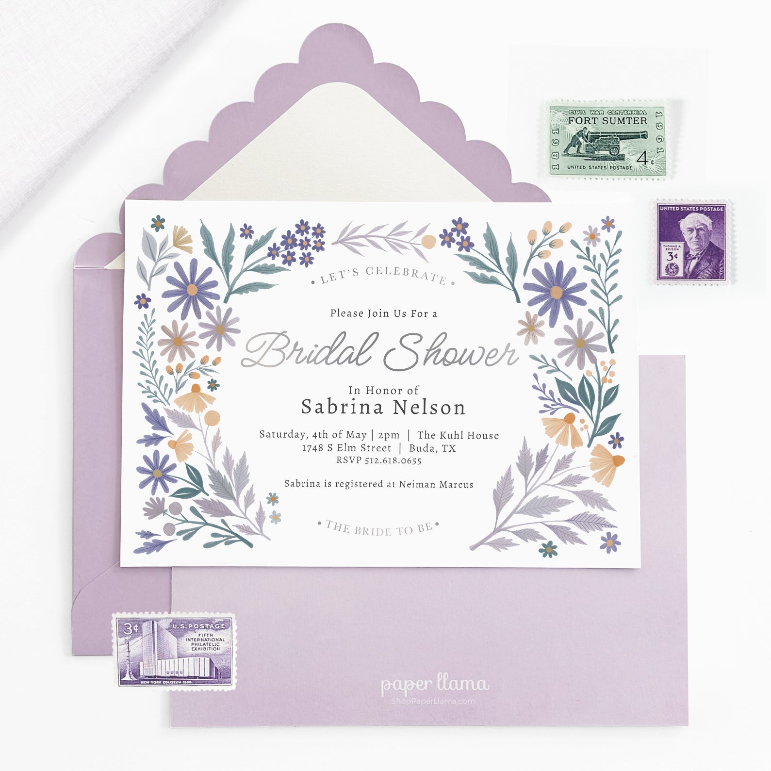 Lavender Meadows- Bridal Shower Invitation and Envelope - Pack of 10