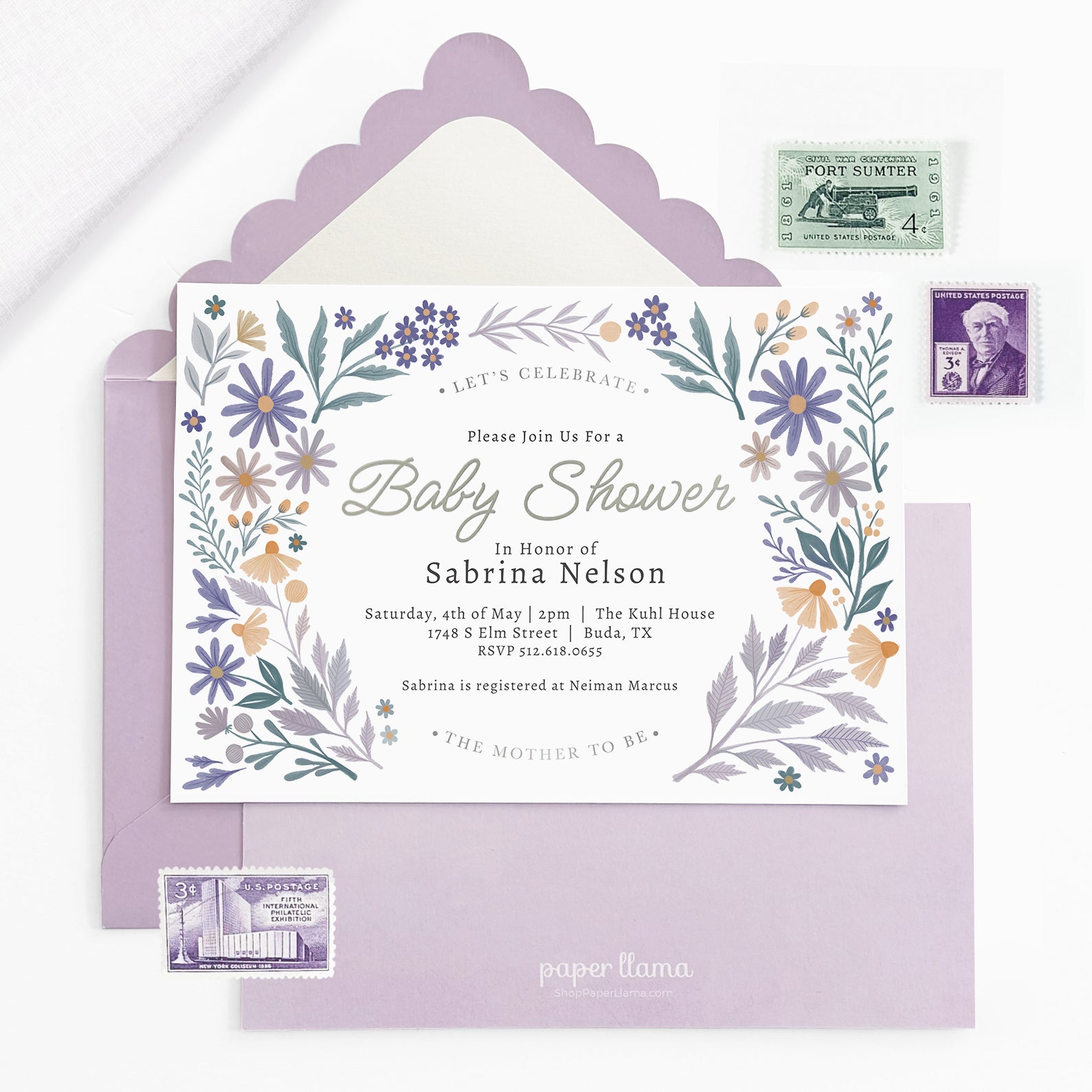 Lavender Meadows - Baby Shower Invitation and Envelope - Pack of 10