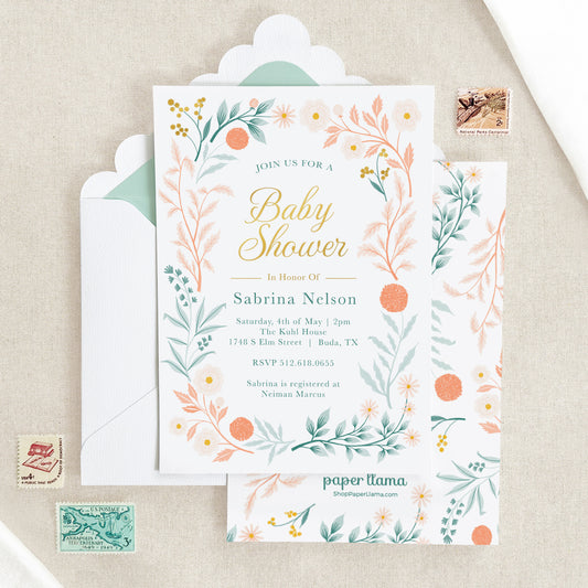 Coral Blooms Baby Shower Invitation + Scalloped Envelope | Pack of 10