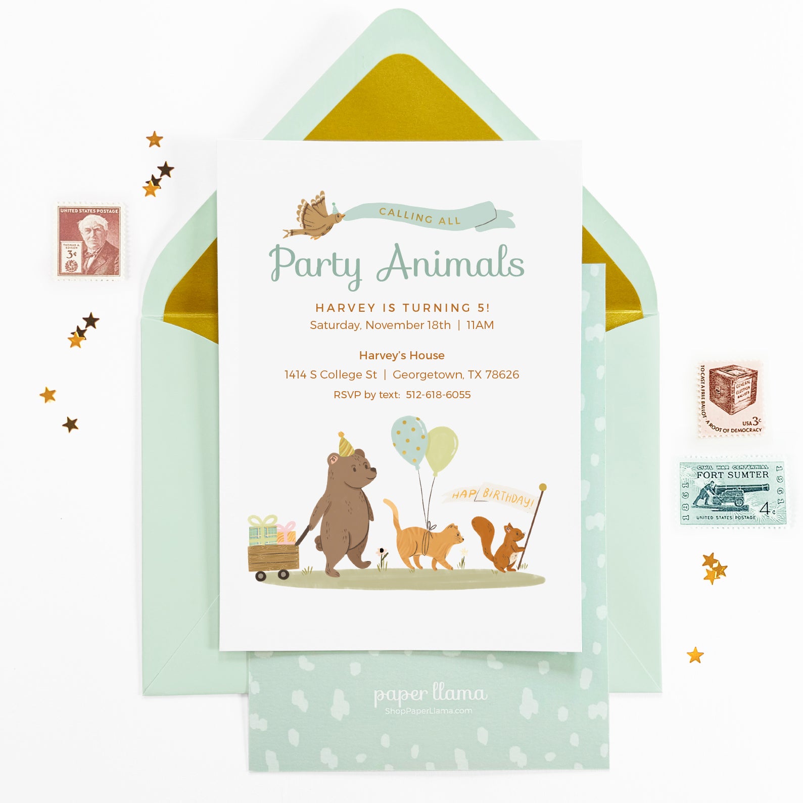 Party Animals - Kids Birthday Invitation and Envelope - Pack of 10